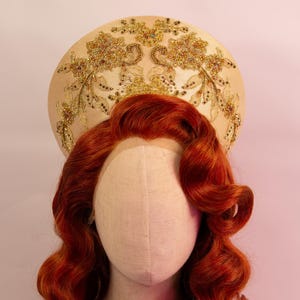 Golden Roses Hand Beaded Embroidery Kokoshnik Crown Headpiece.