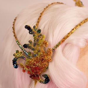 Art Deco inspired Golden Rainbow Hand Beaded and Rhinestoned Motif Headpiece