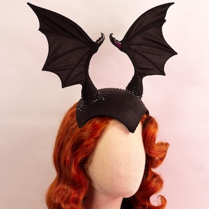 Bat Wing Headpiece Wet Look Rhinstones Vintage Inspired Spooky Costume.