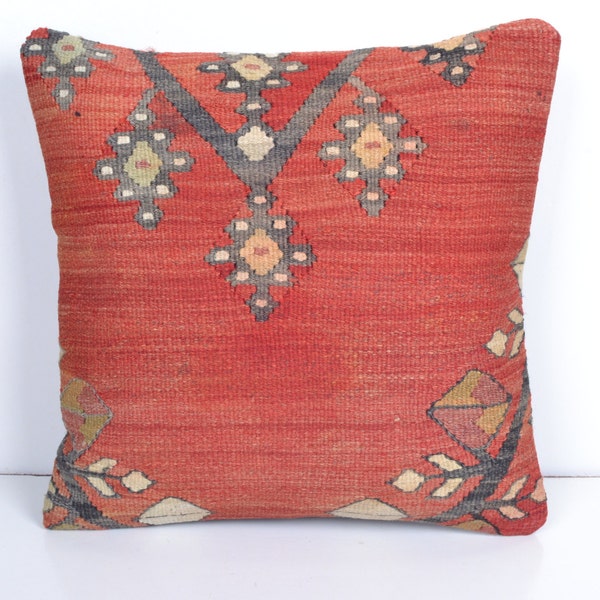 40x40 wool red pillow Kilim Pillow Cover Turkish Pillow Case Kilim Cushion Cover decor pattern pastel coral red boho aztec shabby chic old
