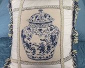 Vintage Blue and White Chinese Porcelain Needlepoint Pillow Chinoiserie Blue Willow