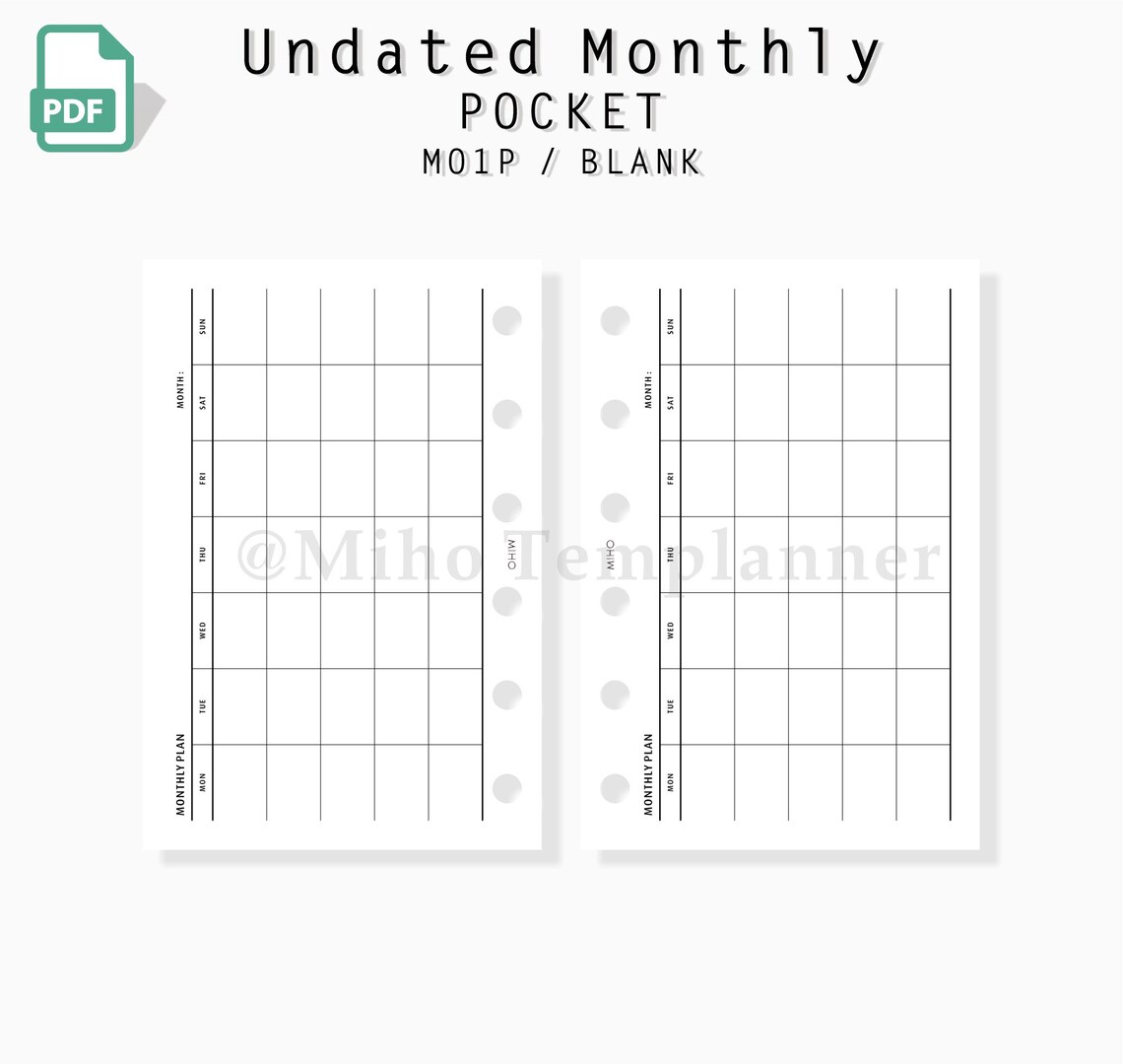 Pocket Planner Inserts Monthly Undated Printable Planner Etsy