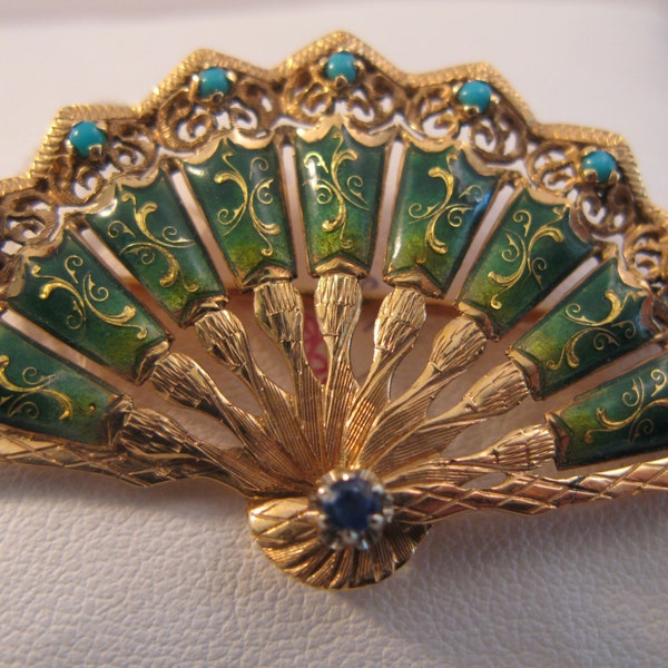 Vintage 18k Gold Enameled Fan Brooch with Turquoise - Perfect Gift for Her