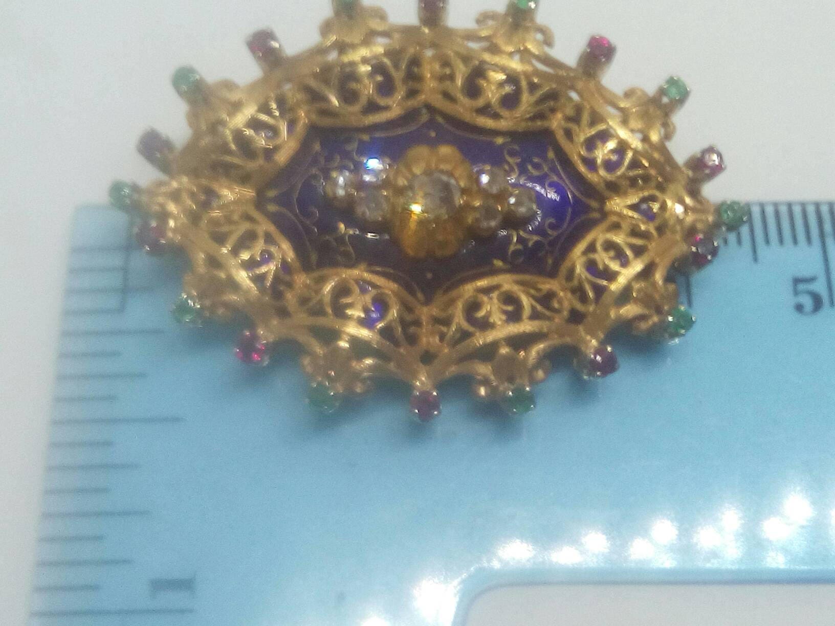 Vintage 18k Gold Blue Enameled Brooch With Diamonds Emeralds | Etsy