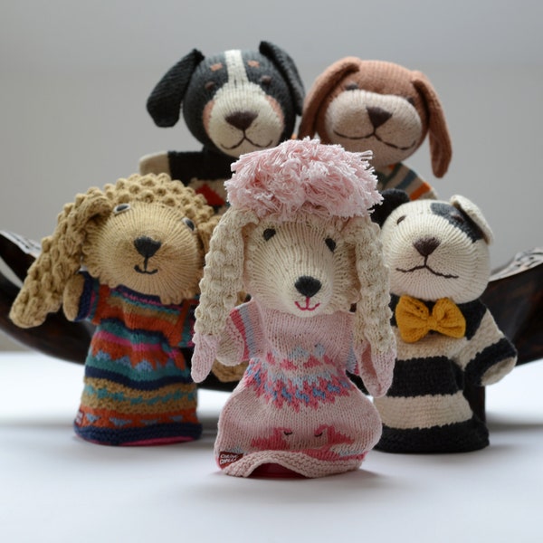 Hand Knitted Dog Hand Puppets in Organic Cotton