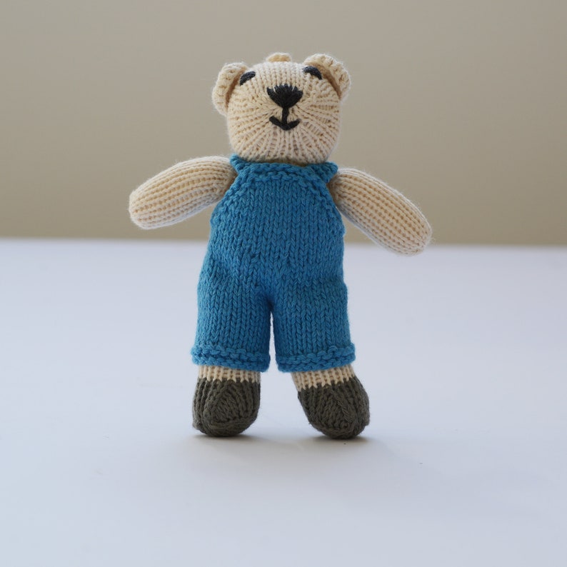 Hand Knitted Polar Bear Soft Toys in Organic Cotton Small Blue Dungarees