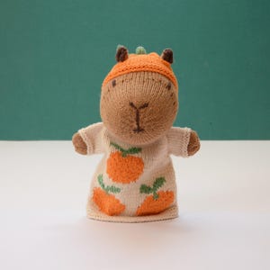 May include: A knitted capybara doll wearing an orange hat and a cream-colored sweater with orange and green carrot designs. The capybara has brown fur and a stitched face. The doll is handmade and has a whimsical appearance.
