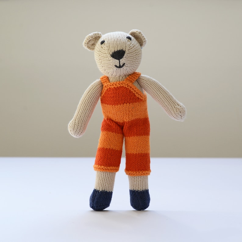 Hand Knitted Polar Bear Soft Toys in Organic Cotton Lge Orange Dungarees