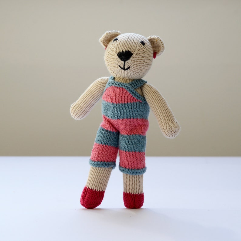 Hand Knitted Polar Bear Soft Toys in Organic Cotton Large Pink Dungarees