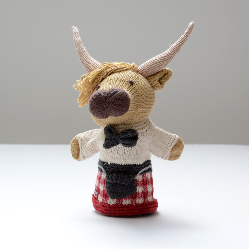 Highland Coo Hand Puppet Cow in Red Kilt