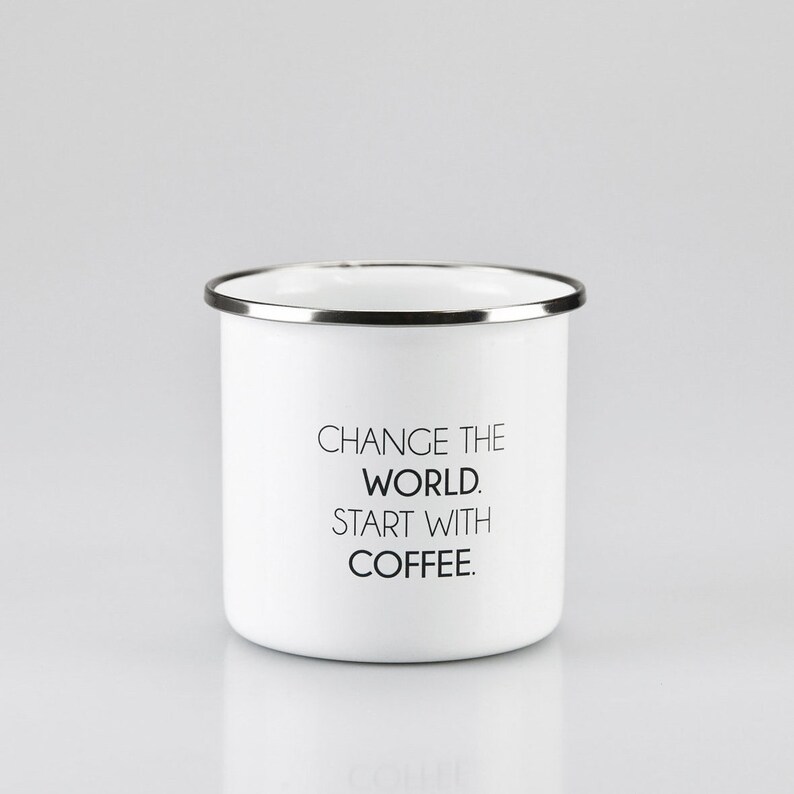 Enamel mug WORLD CHANGER, coffee cup, cocoa, chocolate, retro cup image 1