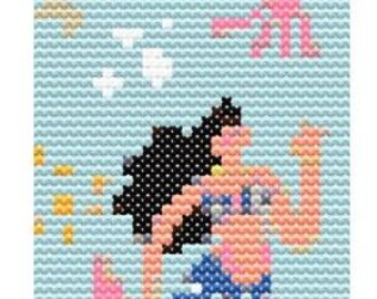 青い縞模様の尾を持つ人魚、ブックマーク、DMCフロス用のクロスステッチパターンPDF、糸