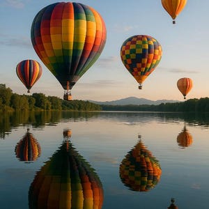 May include: Several colorful hot air balloons float over a calm lake, reflecting in the water. The balloons display various patterns and colors, including red, orange, yellow, green, and blue. The scene is set against a backdrop of a blue sky and distant mountains.