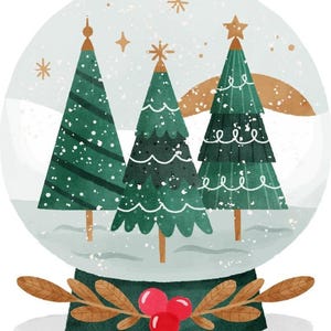 Peut inclure: Illustration d'une boule à neige avec trois sapins de Noël verts ornés d'étoiles et de boules. La boule est posée sur un socle vert foncé orné de baies rouges et de feuilles marron. Des flocons de neige et des étoiles flottent à l'intérieur.