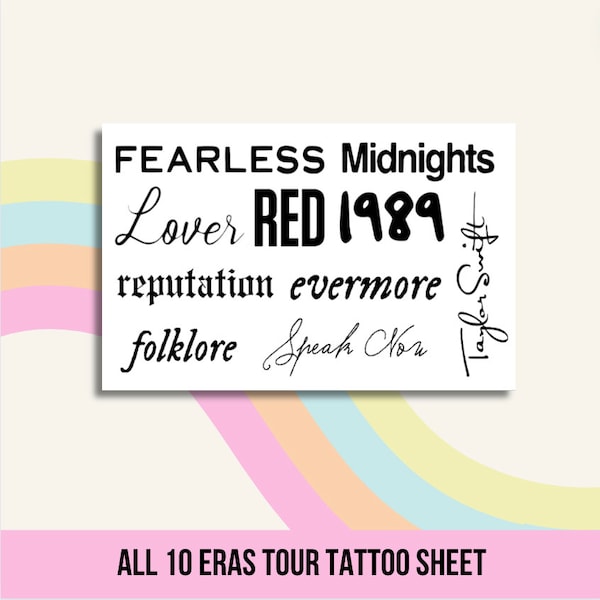 Tatouages tour d'époque | Noms de l'époque Taylor Swift | Tatouages temporaires | Unitaire, logo ou feuille de 10