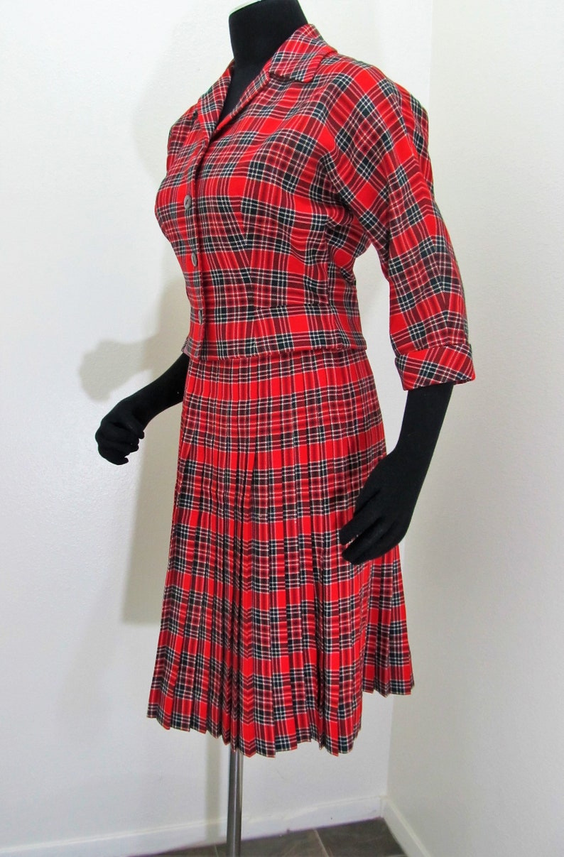50\u2019s Nicholas Ungar Red Tartan Wool Pleated Skirt suit Aljean Sz 4-6
