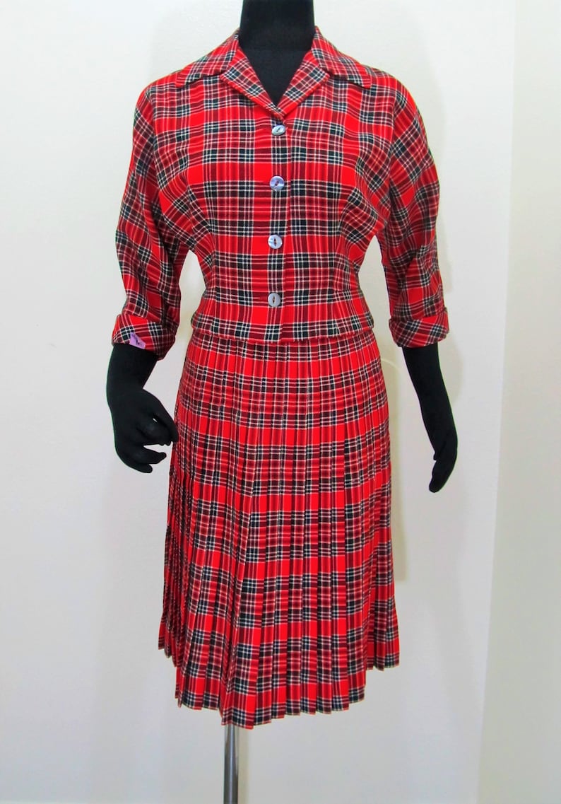 50\u2019s Nicholas Ungar Red Tartan Wool Pleated Skirt suit Aljean Sz 4-6