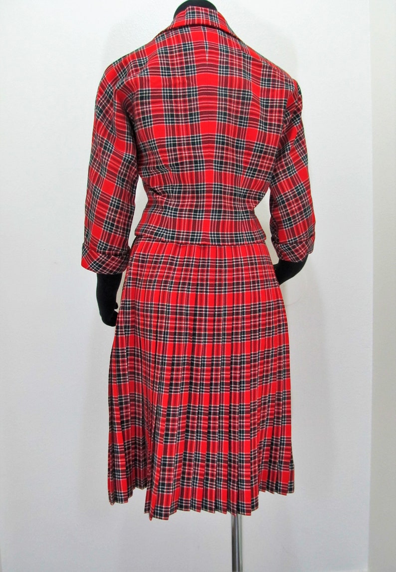 50\u2019s Nicholas Ungar Red Tartan Wool Pleated Skirt suit Aljean Sz 4-6