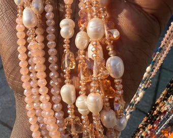 Imani African tie-on crystal waist peach pink white