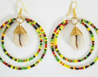 Kontinua African Cowrie + Love Bead Beaded Hoop Earrings 