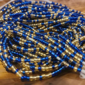 Gold and blue 3mm glass seed bead tie-on waist bead