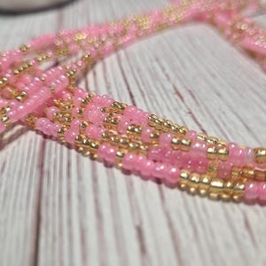 Pink and gold 3mm glass seed beads tie-on waist bead. Gifts for her