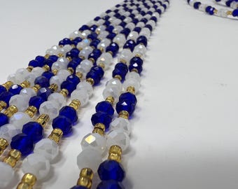 Binta blue white gold waist beads tie on cotton thread crystal over 50 Inches
