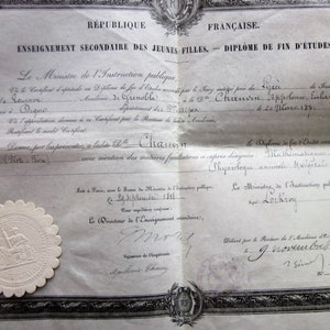 1888 DIPLOMA End of studies scroll secondary education school for young girls Grenoble France Miss Chauvin-signed  French Minister Lockroy