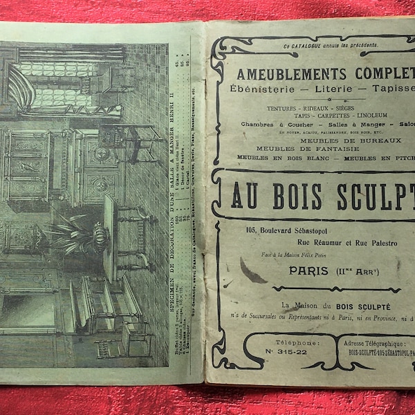 AU BOIS SCULPTÉ Catalogue-Revue-publicitaire-Ameublement-Ebénisterie-Literie-Tapisserie-Tenture-Rideau-siège-Tapis-chambre meubles