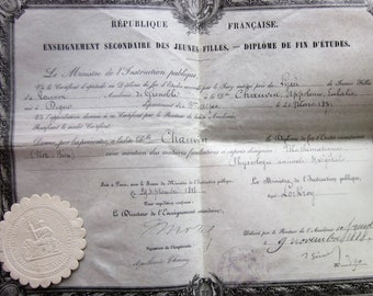 1888 DIPLOMA End of studies scroll secondary education school for young girls Grenoble France Miss Chauvin-signed  French Minister Lockroy