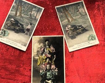 3 Superb Postcards surrealist scenes surrealism from 1907 the nap interrupted by a child and Wania from the Hebrew Yohanân chromography