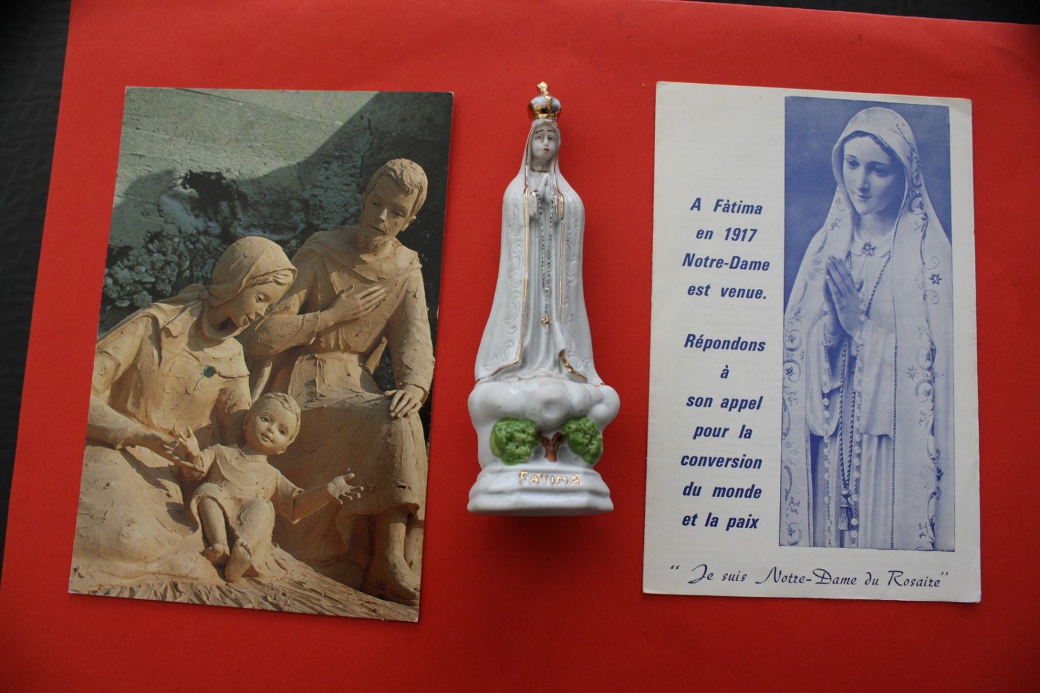 Vintage 2 Chromo Holy Pictures Christian Religion - Catholic +statuette in Earthenware Of Fatima