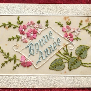 France Carte Postale  Brodée Bonne Année Thème Fantaisie fleurs-Jour de l'an Postcard Fantasy Thème Embroidered Flower