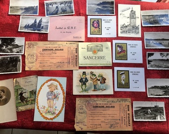 Scrapbooking Antique French letters, illustrated Postcards, stamps, Photograpy, restrictions war WW2 Chromos vintage Script French