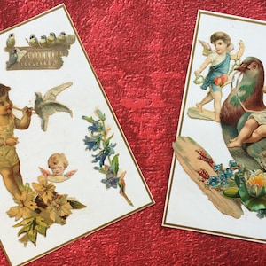 Oiseaux Anges 1882 Real Chromo composto in 2 carte su supporto cartonato-Chromos incollati in rilievo detti cromolitografia "ritagliati"-