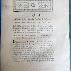 Raro 1792-Decreto do Rei da Lei Francesa: Aumento do Preço do Pó-Salitre-Papel Velho-Marca D'água-Efêmera-Coleção-Colagem-scrapbooking
