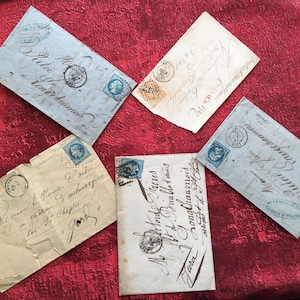 1850 França 5 Cartas Envelope Azul Ceres Cancelamento de selo: Carimbo de data dos correios franceses do período Napoleão + 2 antigos registros de papel