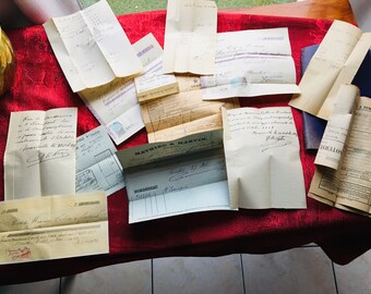 Bundle of 16 handwritten letters & Antique French illustrated commercial invoices from 1917 - WWI letterhead, typography, ephemera