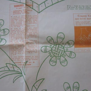 May include: A white and green patterned paper with a section of text in French. The text includes the words "NUMEROS GRANTS" and "Crayon Craie qui ecrit sur tissu".