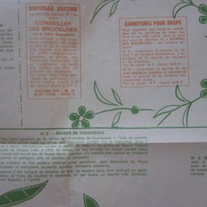 May include: A vintage French embroidery guide with instructions for making a losanga, a type of decorative stitch, and a braiding technique called "tournesols". The guide also includes instructions for making a "garniture" for a bed sheet, which is a decorative trim.