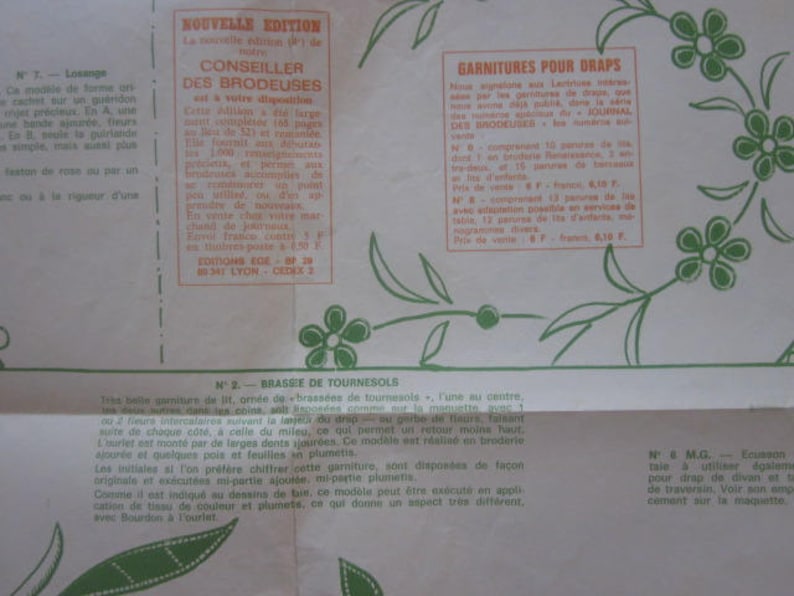 May include: A vintage French embroidery guide with instructions for making a losanga, a type of decorative stitch, and a braiding technique called "tournesols". The guide also includes instructions for making a "garniture" for a bed sheet, which is a decorative trim.