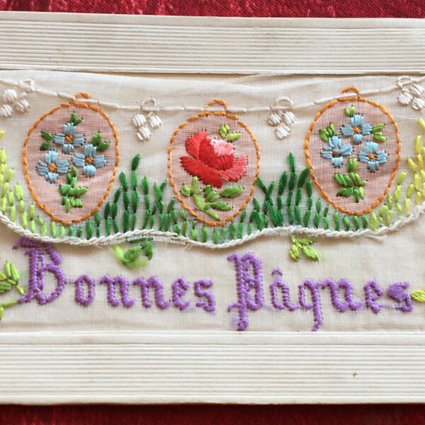 Carte Postale Ancienne Brodée - Fleur Et Bateau - France Années 1910 (occasion)