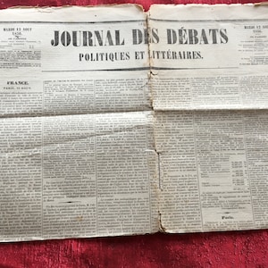 Jornal original Debates Políticos e Literários em francês, 12 de agosto de 1836 - bela impressora de lixo de Gutenberg, scrapbooking, jornal efêmero