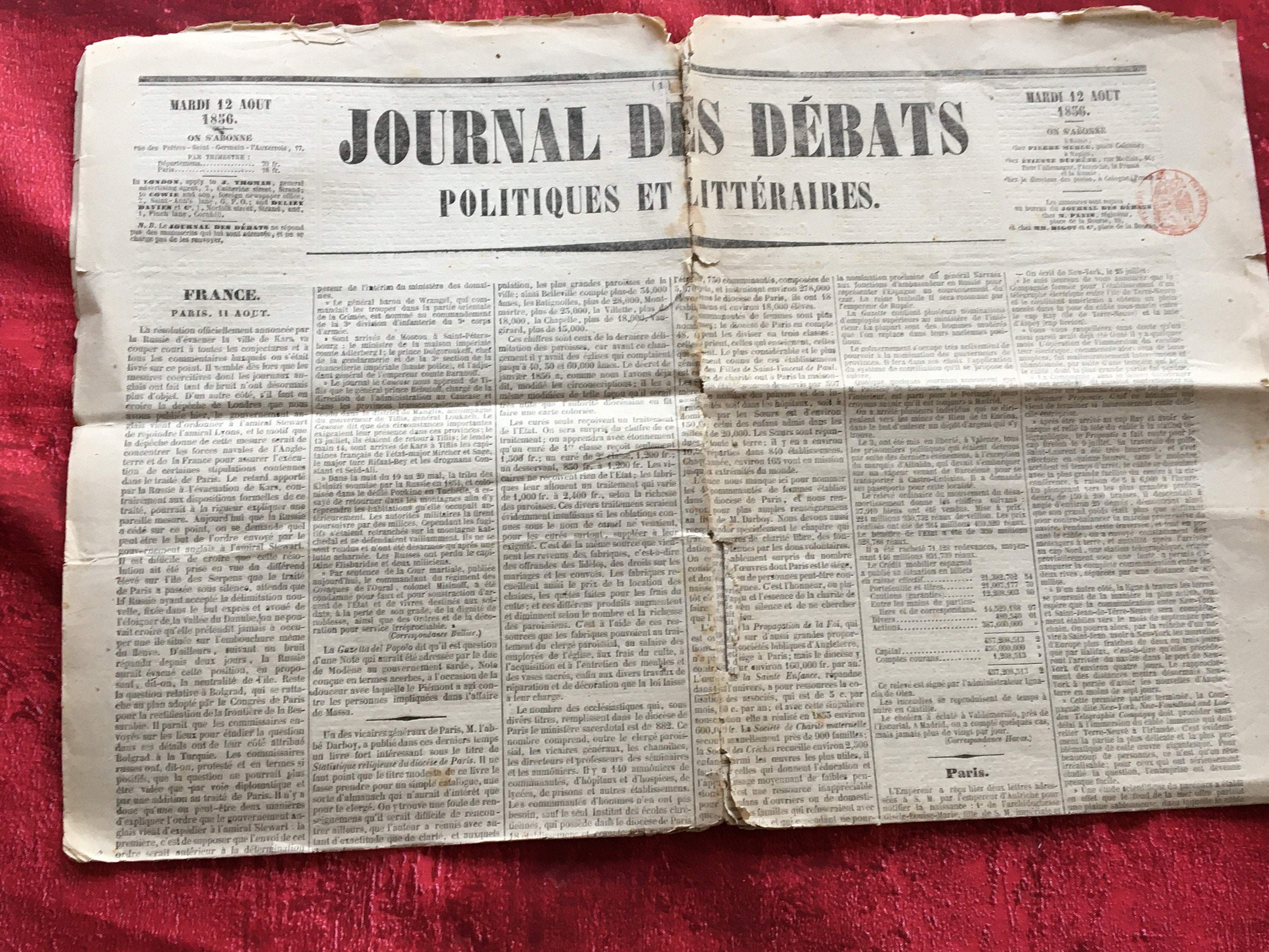 Original newspaper Political & Literary Debates in French August 12, 1836-beautiful Gutenberg-junk printing press scrapbooking-ephemeral