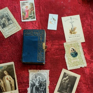 1899- Vintage France prayer book, Roman parishioner missal, embossed blue cover Bible, Christian religion-Esotericism-evangelicalism