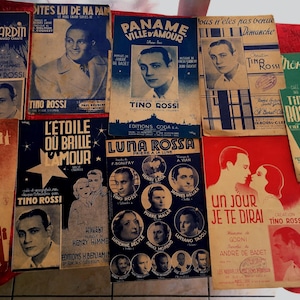 Tino Rossi, ehemaliger französischer Charm-Sänger, 9 Musikpartituren, Musikpartitur, Musik, alte Alben, Scrapbooking, Ephemera, Frankreich