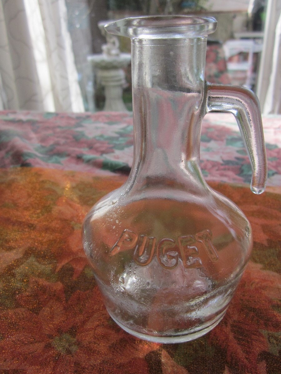 Vintage Glass Fat Oil Pitcher French Olive Puget Jug Jar From 1950S Has Advertising Huile Puget Made