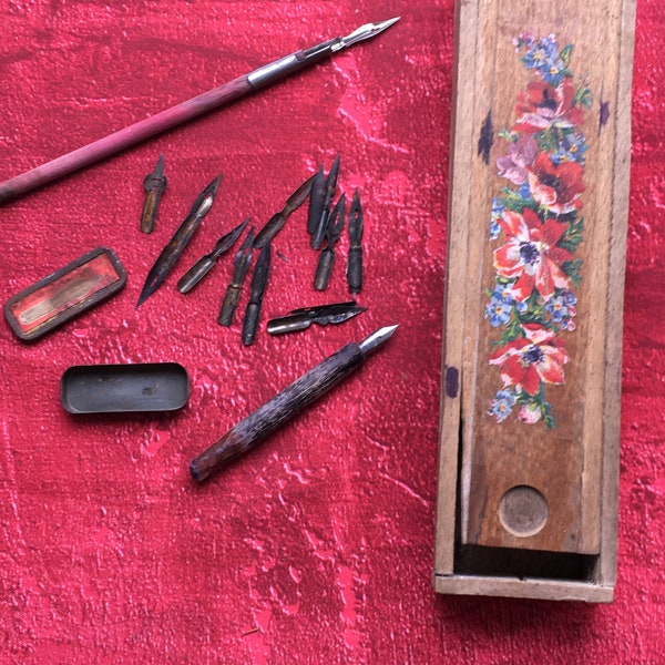 1950 pretty Vintage French wooden pencil box with flower decoration on wood + iron box of feathers + 2 ink pen holders - from Peynier France