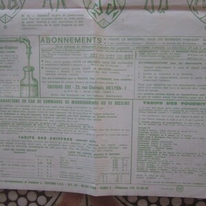May include: A vintage green and white price list for embroidery supplies. The list includes prices for various items such as thread, needles, and fabric. The document also includes information about subscriptions and ordering.