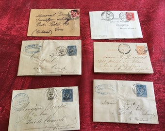 Antique French folded letters (1850 - 70s), set of 5 with post stamps & cancellations, handwritten commercial correspondence+old papers 1892